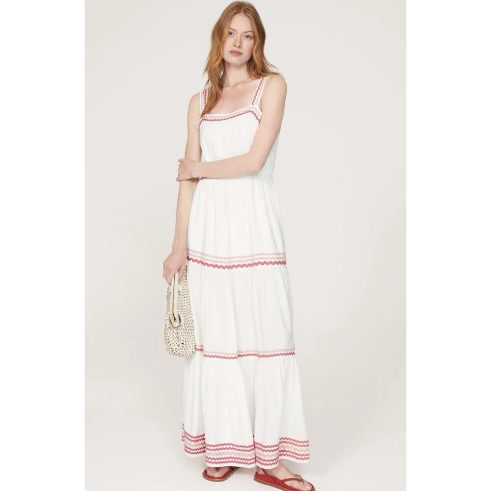 SPLENDID Maxi Dress Women M Riviera White Sleeveless Tiered Pockets Pink Detail